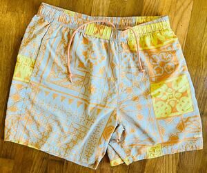 OBEY Mens L Swim Trunks Nylon Geometric Mosaic Print Orange Blue Board Shorts